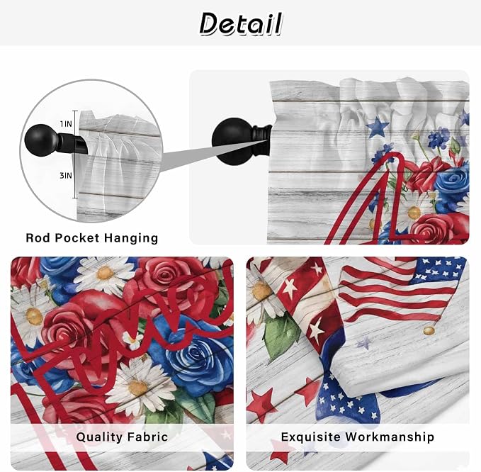 Independence Day Kitchen Curtains 45 Inch Long 2 Panel Set, Rod Pocket Window - Image 9