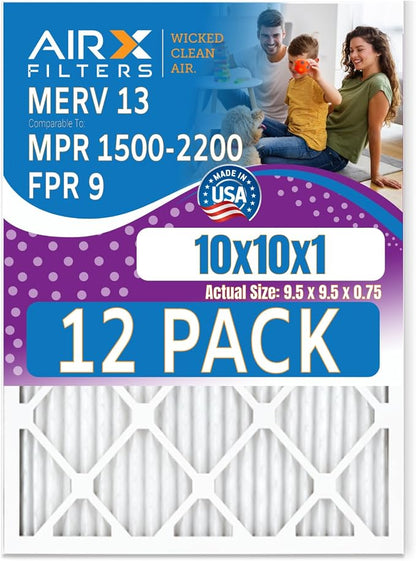 10x10x1 Air Filter MERV 13 Rating, 12 Pack of Furnace Filters Comparable to MPR by AIRXFILTERSWICKEDCLEANAIR