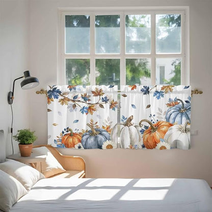 Navy Blue Pumpkin Fall Kitchen Tier Curtains 24 Inch Long 2 Panel Set, Rod - Image 4