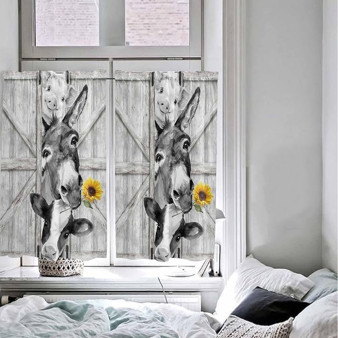 Grey Farmhouse Kitchen Curtains 54 Inches Length, Vintage Sunflowers Animals - Image 5