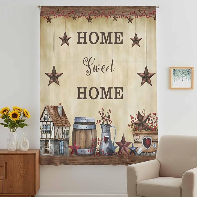 Farm Sheer Curtains 45 Inch Length American Country Barn Star Vintage Berry - Image 5