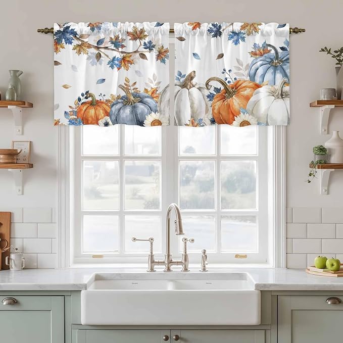 Navy Blue Pumpkin Fall Kitchen Tier Curtains 24 Inch Long 2 Panel Set, Rod - Image 3