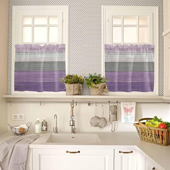 Country Wood Board Gray Purple Window Valance Curtains, Farmhouse Gradient - Image 3