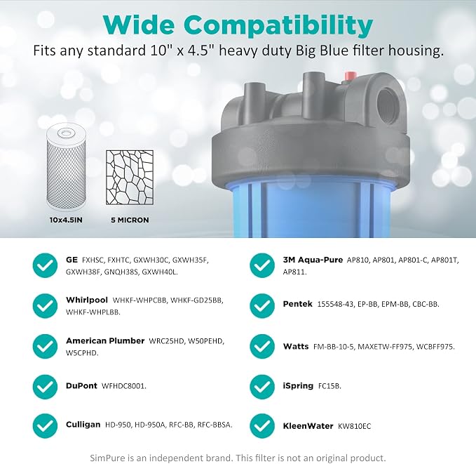 SimPure Whole House Water Filter Cartridges 5 Micron 10" x 4.5" CTO Activated - Image 6