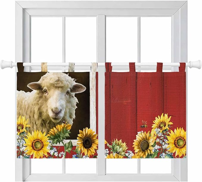 Sheep Flowers Kitchen Curtains 36 Inch Length, Small Window Curtains Tab Top by Unknown