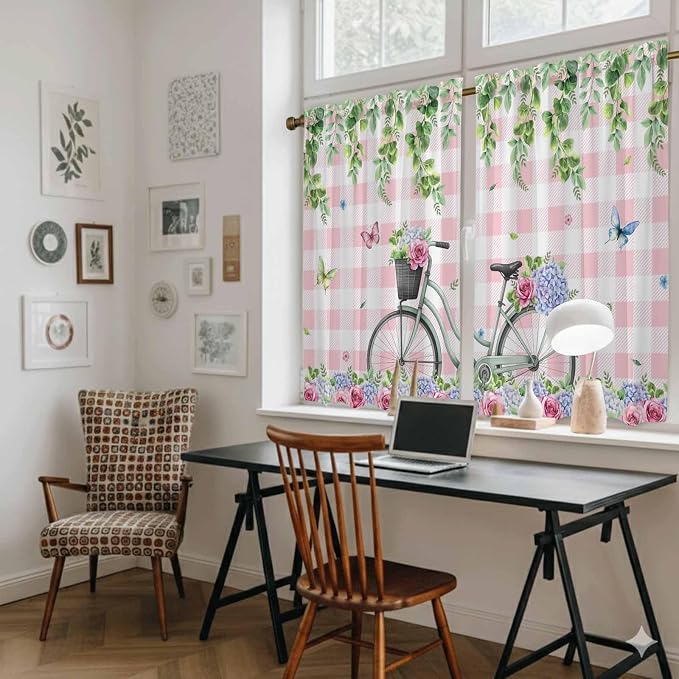 Spring Tier Curtains, Bicycles Leaves Butterfly Flowers Pink Buffalo Plaid - Image 6