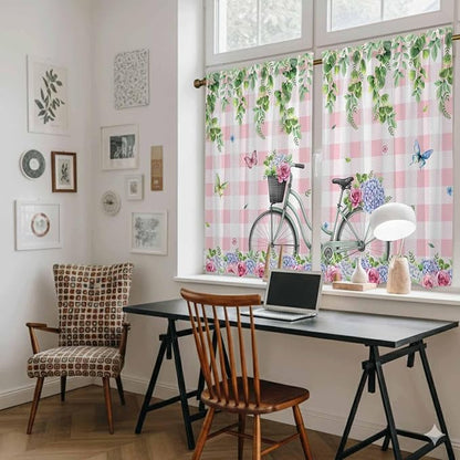 Spring Tier Curtains, Bicycles Leaves Butterfly Flowers Pink Buffalo Plaid - Image 6
