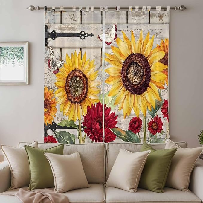 Red Yellow Sunflowers Living Room Curtains 96 Inch Length, Window Curtains Tab - Image 3