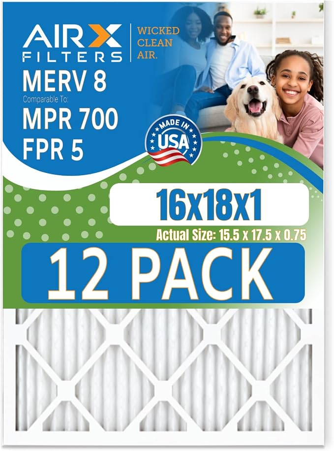 16x18x1 Air Filter MERV 8 Rating, 12 Pack of Furnace Filters Comparable to MPR by AIRXFILTERSWICKEDCLEANAIR