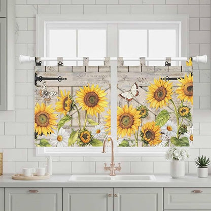 Farm Flowers Kitchen Curtains 24 Inch Length, Small Window Curtains Tab Top - Image 3