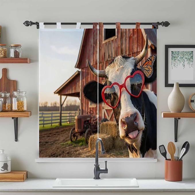Farm Cows Bathroom Curtains 63 Inch Length, Window Curtains Tab Top, Farmhouse - Image 3