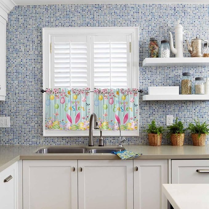 Happy Easter Half Window Curtains 24 Inches Long, Spring Bunny Eggs Flower Teal - Image 2