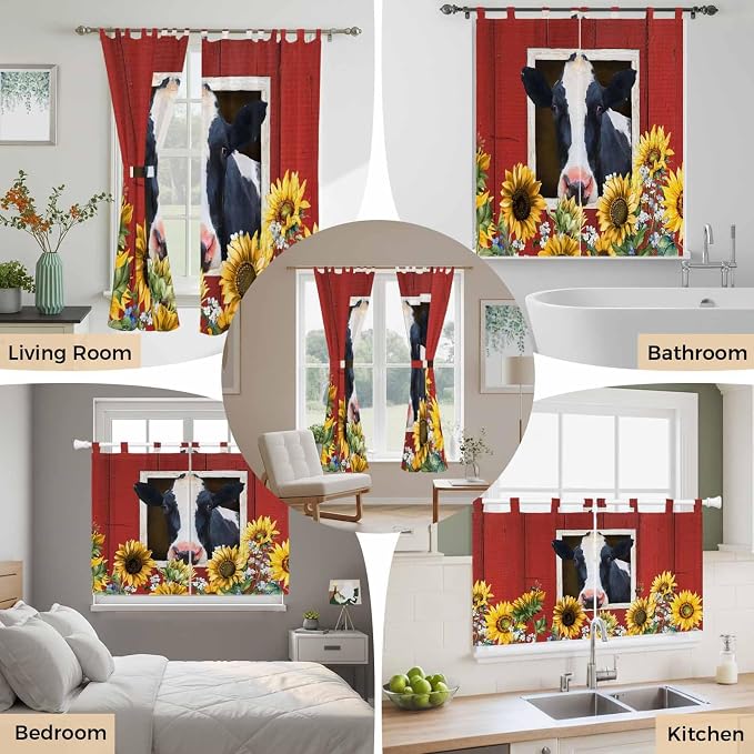 Cow Sunflowers Bathroom Curtains 63 Inch Length, Window Curtains Tab Top - Image 7
