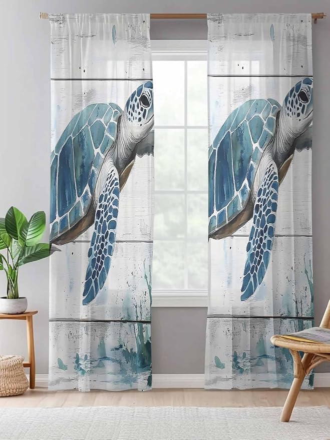 Sheer Curtains 84 Inches Long, Teal Green Sea Turtle Semi Sheer Curtains Light - Image 5