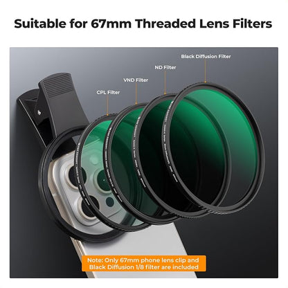 K&F CONCEPT 67mm Clip-on Black Diffusion 1/8 Phone Camera Lens Filter Kit - Image 4