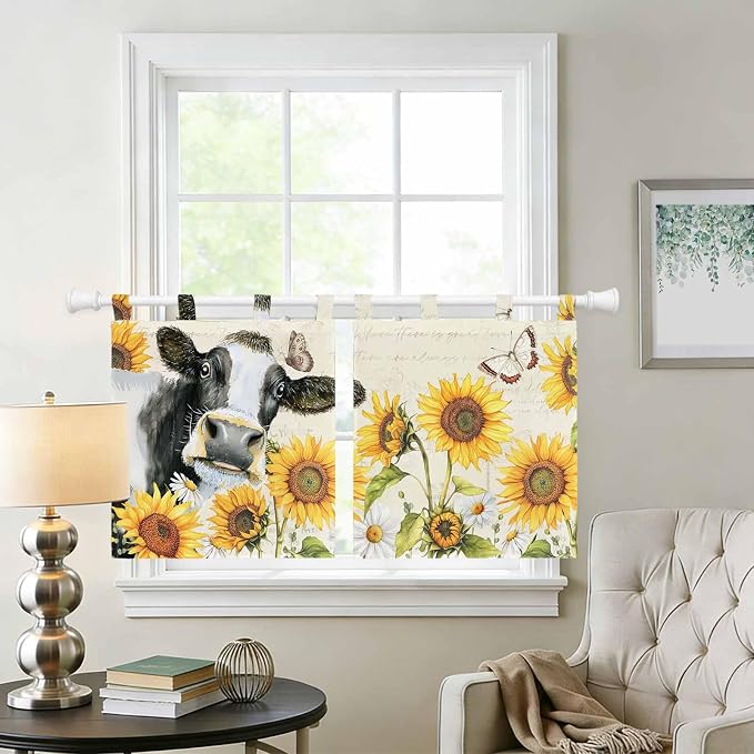 Yellow Sunflowers Kitchen Curtains 24 Inch Length, Small Window Curtains Tab Top - Image 2