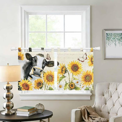 Yellow Sunflowers Kitchen Curtains 24 Inch Length, Small Window Curtains Tab Top - Image 2
