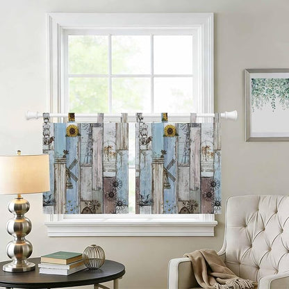 Blue Grey Wooden Kitchen Curtains 36 Inch Length, Small Window Curtains Tab Top - Image 2