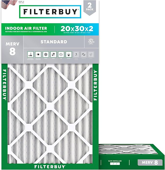 Filterbuy 20x30x2 Air Filter MERV 8 Essential Dust & Allergy Defense, by Filterbuy