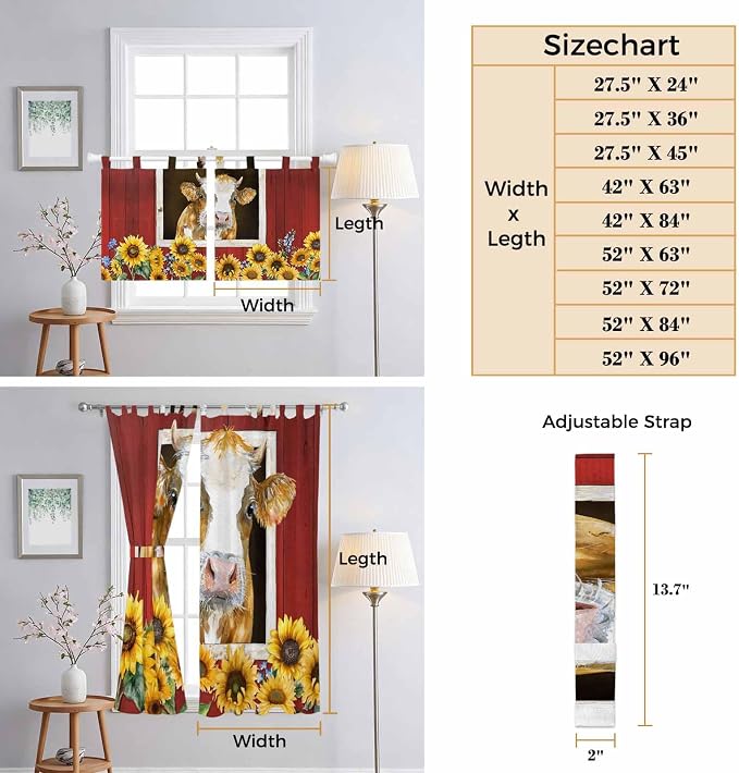 Cows Sunflowers Bedroom Curtains 72 Inch Length, Window Curtains Tab Top - Image 8