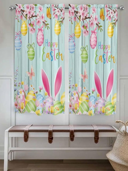 Happy Easter Bedroom Curtains 63 Inches length, Spring Bunny Eggs Flower Teal - Image 4