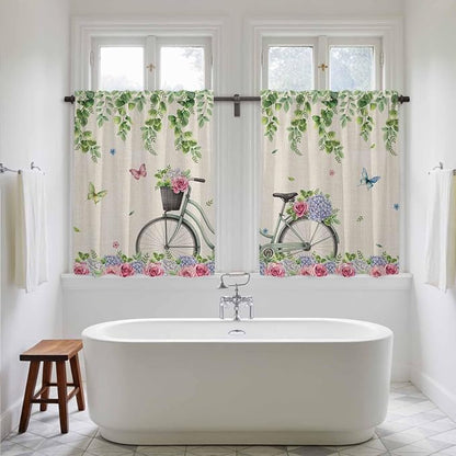Farmhouse Spring Tier Curtains, Retro Bicycles Flowers Vines Butterfly Light - Image 5