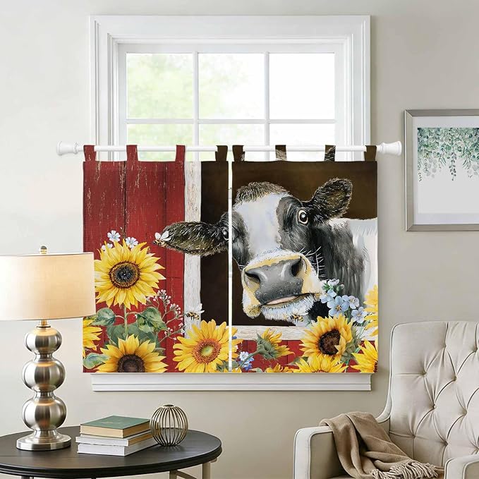 Cows Sunflowers Kitchen Curtains 45 Inch Length, Short Cafe Window Curtains Tab - Image 2