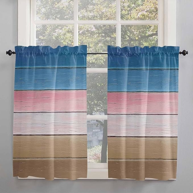 Blue Pink Brown Gradient Wood Grain Window Valance Curtains, Vintage Wood Board by IDOWMAT