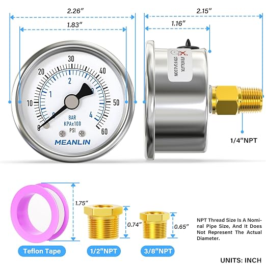 MEANLIN MEASURE 0~60Psi Dry Pressure Gauge Stainless Steel 1/4"NPT 2"FACE DIAL - Image 2