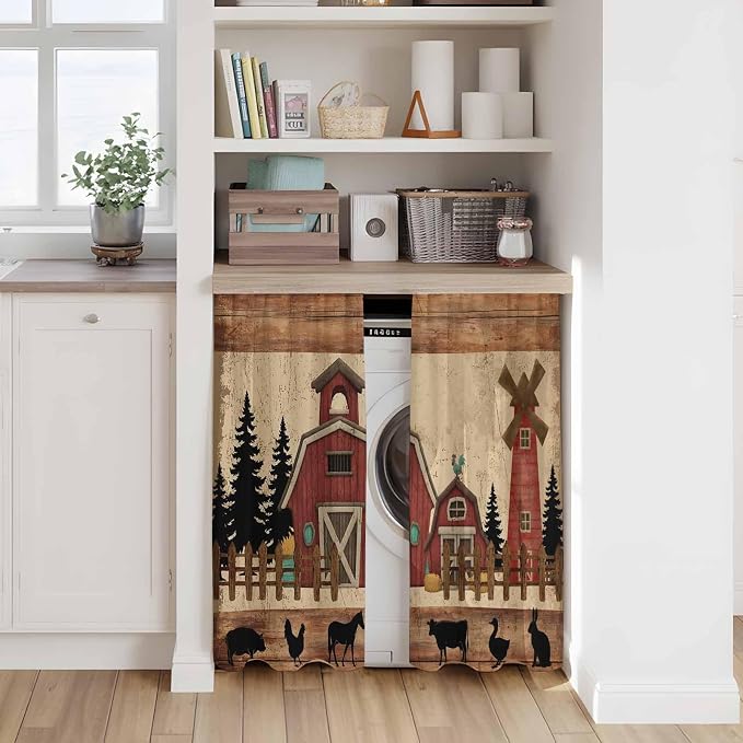 Brown Farmhouse Tier Curtains, Vintage Country Animals Wooden Grain Light - Image 7