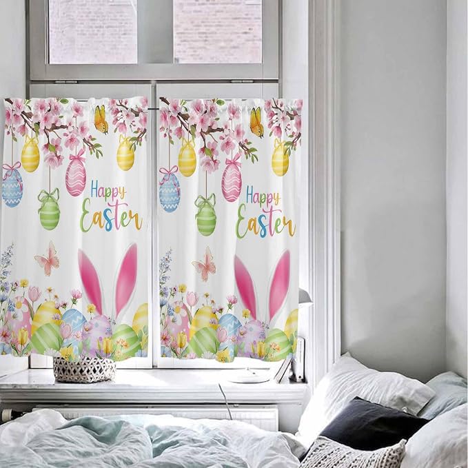 Happy Easter Kitchen Curtains 54 Inches Length, Spring Watercolor Bunny Eggs - Image 5