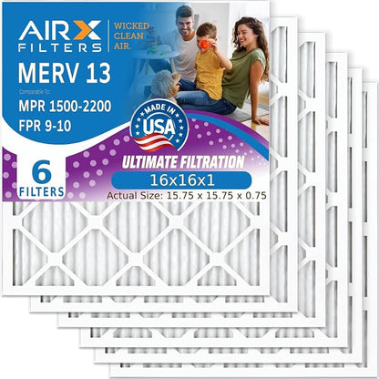 AIRX FILTERS WICKED CLEAN AIR. 16x16x1 Air Filter MERV 13 Electrostatic Pleated by AIRXFILTERSWICKEDCLEANAIR