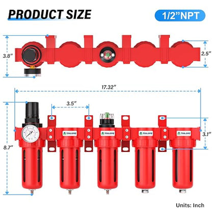 TAILONZ PNEUMATIC 0-150PSI 1/2 Inch NPT Red Industrial Grade 5 Stage Air Drying - Image 2