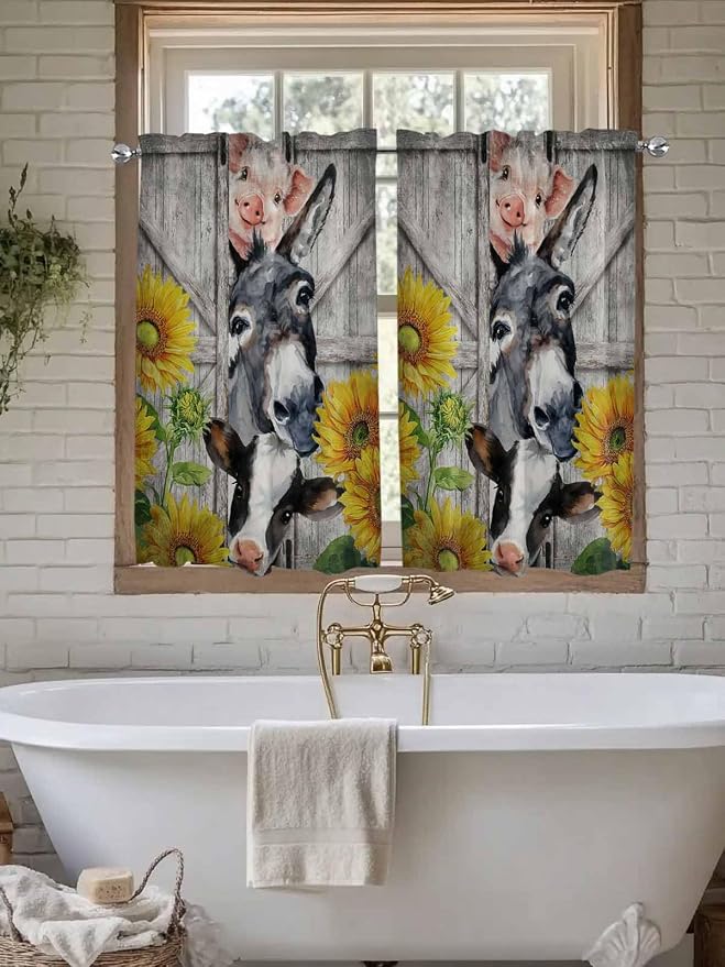 Farmhouse Tier Curtains 45 Inches Long, Vintage Sunflowers Animals Printed Wood - Image 7