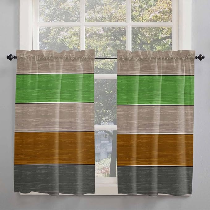 Farm Gray Green Brown Wood Grain Window Valance Curtains, Rustic Wooden Plank by IDOWMAT