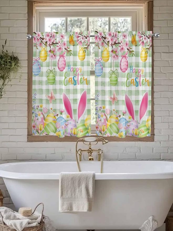 Happy Easter Tier Curtains 45 Inches Long, Spring Bunny Eggs Flower Sage Green - Image 7