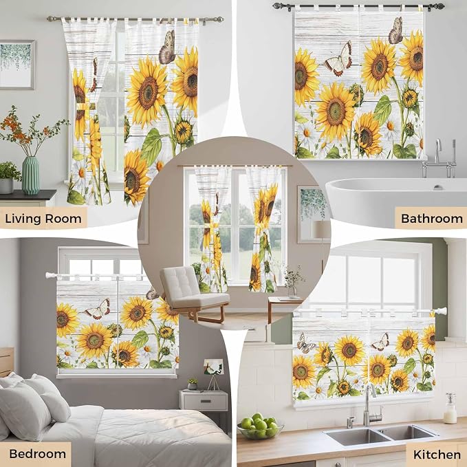 Yellow Sunflowers Kitchen Curtains 24 Inch Length, Small Window Curtains Tab Top - Image 7