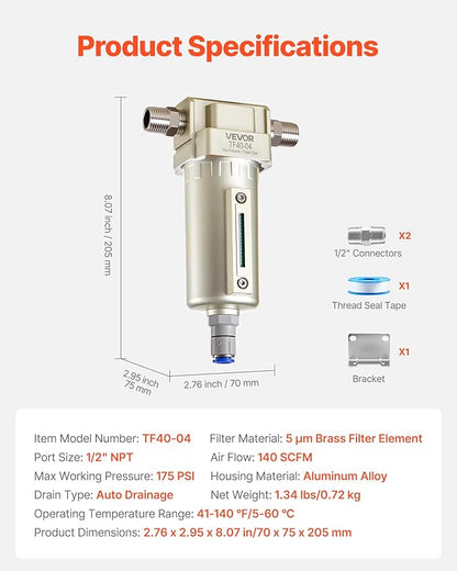 VEVOR Air Compressor Filter, 1/2" NPT Air-Dryer - Image 7