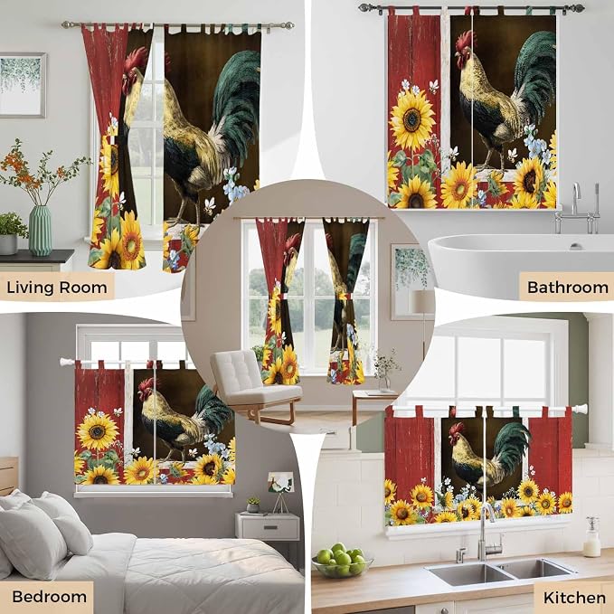 Chicken Sunflowers Kitchen Curtains 36 Inch Length, Small Window Curtains Tab - Image 7