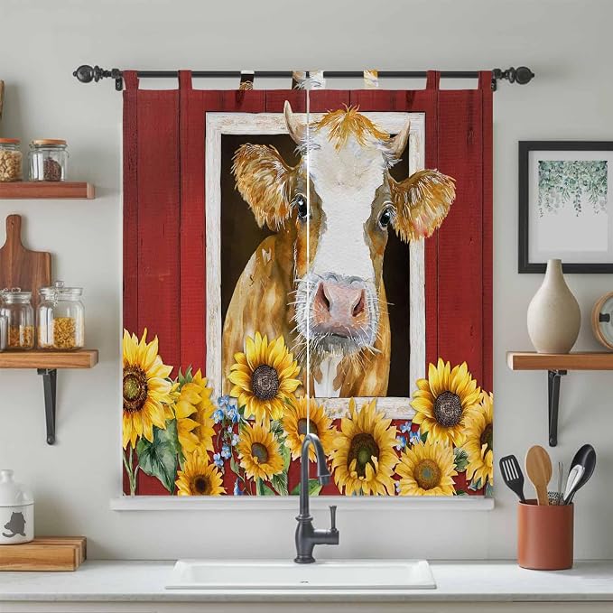 Cows Sunflowers Bathroom Curtains 63 Inch Length, Window Curtains Tab Top - Image 3