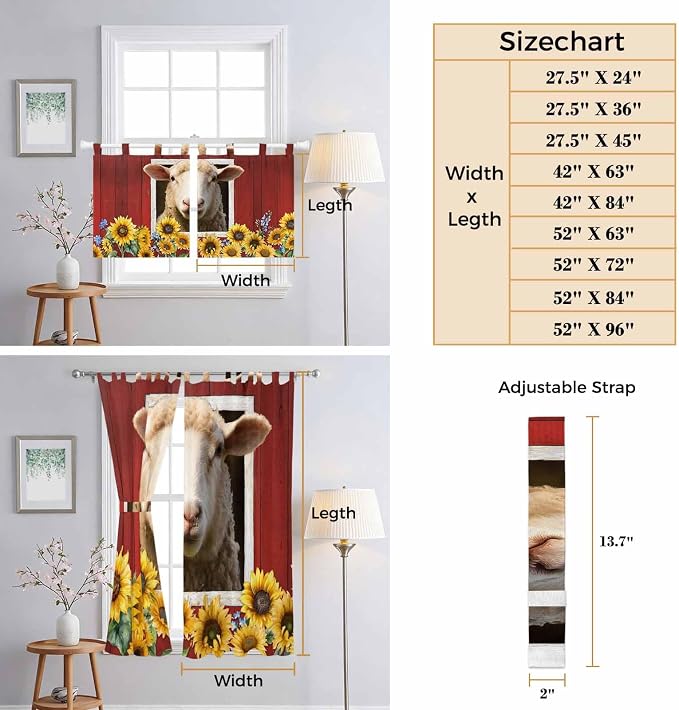 Sheep Sunflower Bedroom Curtains 63 Inch Length, Window Curtains Tab Top - Image 8