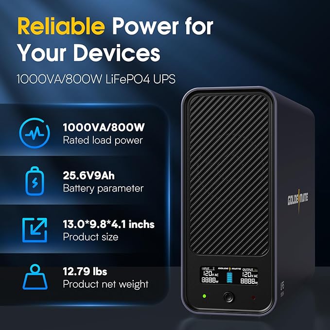 GOLDENMATE 1000VA/800W Lithium UPS Battery Backup & Surge Protector, Backup - Image 3
