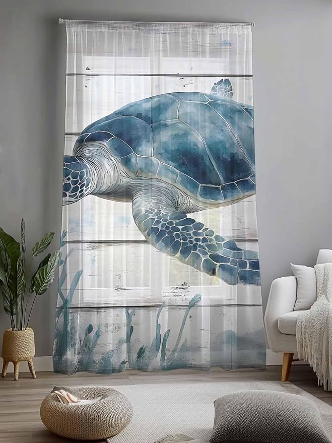 Sheer Curtains 108 Inches Long, Ocean Sea Turtle Semi Sheer Curtains Light - Image 2