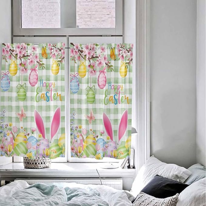 Happy Easter Tier Curtains 45 Inches Long, Spring Bunny Eggs Flower Sage Green - Image 5
