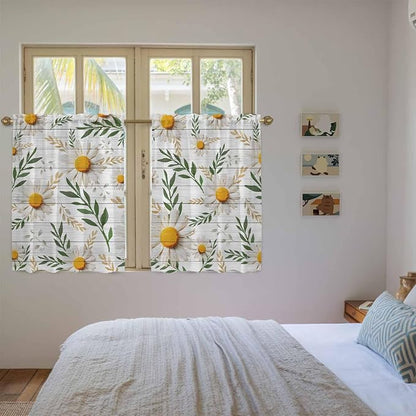 Spring Daisy Tier Curtains, Farmhouse Country Flower Leaf Plant Wood Grain - Image 4