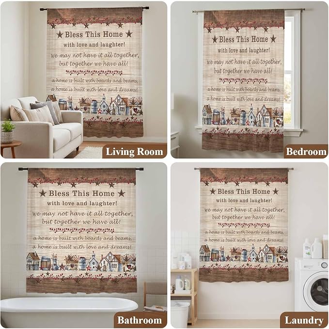 Farmhouse Sheer Curtains 72 Inch Length Brown Country Star Berry Vintage Wood - Image 7