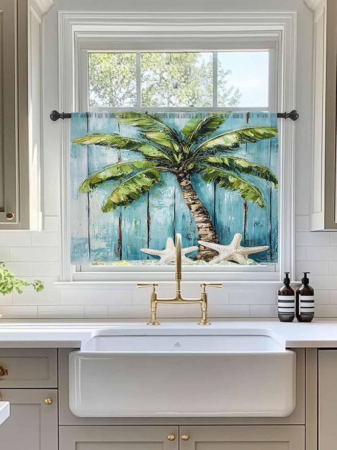 Sheer Curtains 54 Inch Length, Coastal Beach Starfish Semi Sheer Curtains Light - Image 3