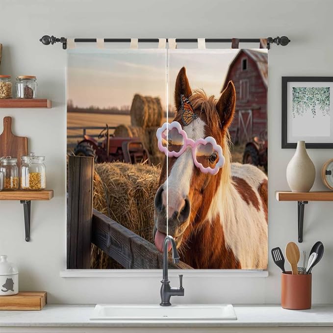 Farm Horses Bathroom Curtains 63 Inch Length, Window Curtains Tab Top, - Image 3