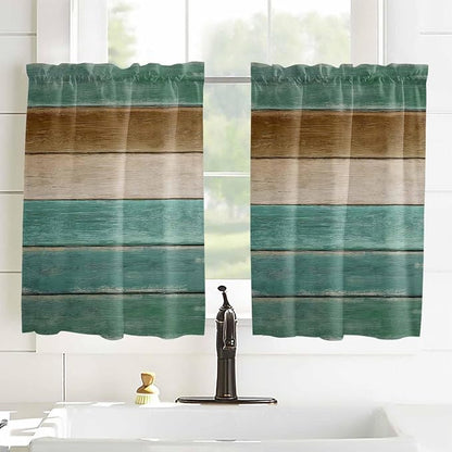 Vintage Plank Turquoise Brown Window Valance Curtains, Farmhouse Wood Grain - Image 4