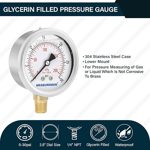 MEASUREMAN 2-1/2inch Dial Size, Oil Filled Pressure Gauge, 0-30psi/kpa - Image 2